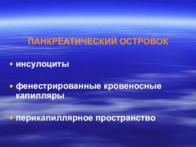 ПАНКРЕАТИЧЕСКИЙ ОСТРОВОК инсулоциты фенестрированные кровеносные капилляры перикапиллярное пространство