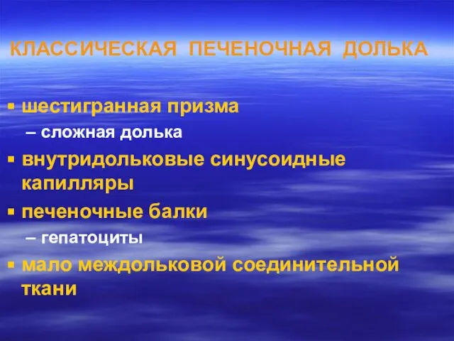 КЛАССИЧЕСКАЯ ПЕЧЕНОЧНАЯ ДОЛЬКА шестигранная призма сложная долька внутридольковые синусоидные капилляры печеночные