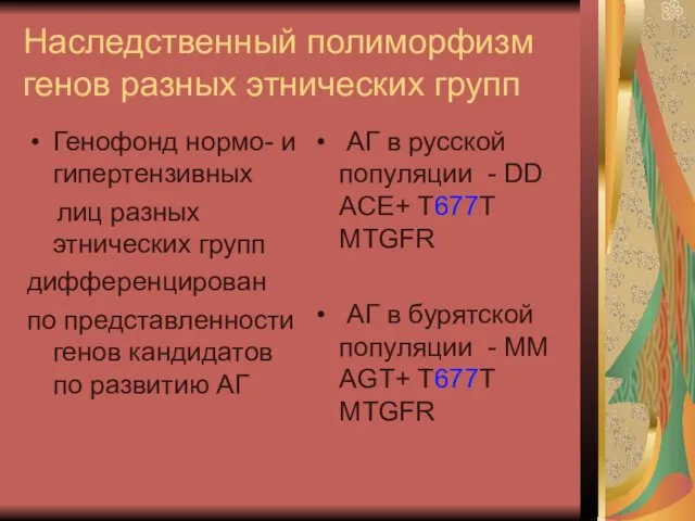 Наследственный полиморфизм генов разных этнических групп Генофонд нормо- и гипертензивных лиц