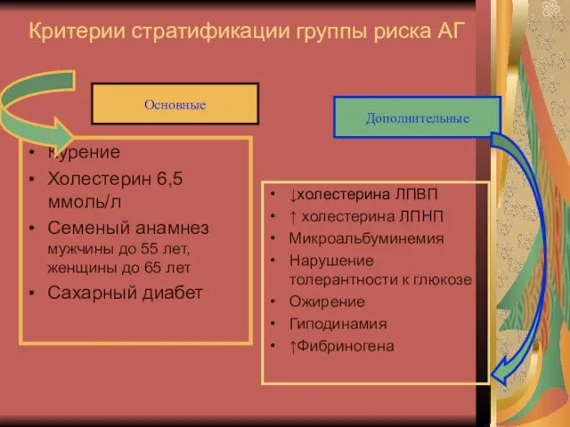 Критерии стратификации группы риска АГ Курение Холестерин 6,5 ммоль/л Семеный анамнез