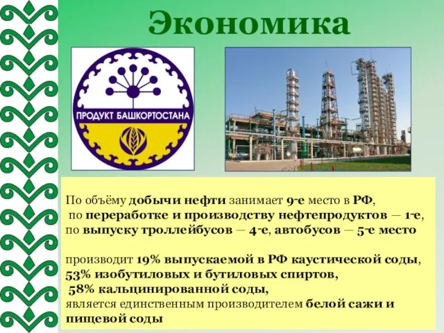 По объёму добычи нефти занимает 9‑е место в РФ, по переработке