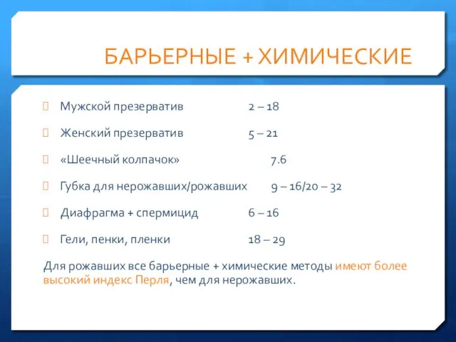 БАРЬЕРНЫЕ + ХИМИЧЕСКИЕ Мужской презерватив 2 – 18 Женский презерватив 5