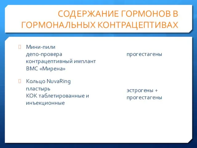 СОДЕРЖАНИЕ ГОРМОНОВ В ГОРМОНАЛЬНЫХ КОНТРАЦЕПТИВАХ Мини-пили депо-провера контрацептивный имплант ВМС «Мирена»