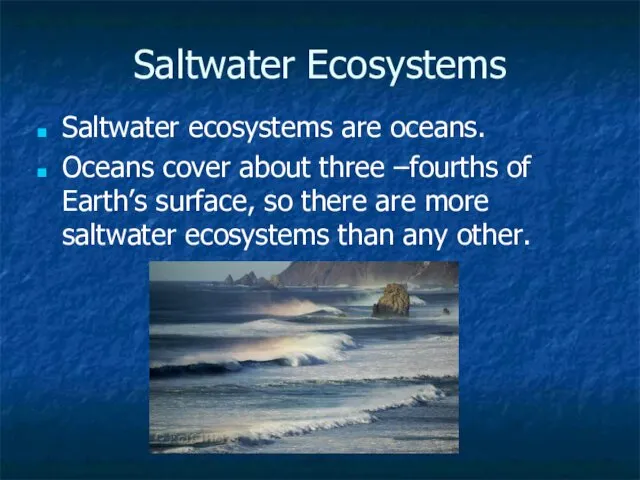 Saltwater Ecosystems Saltwater ecosystems are oceans. Oceans cover about three –fourths