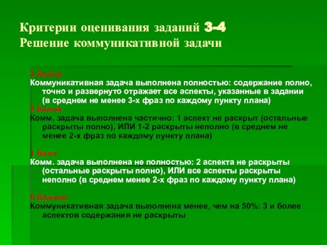 Критерии оценивания заданий 3-4 Решение коммуникативной задачи 3 балла Коммуникативная задача