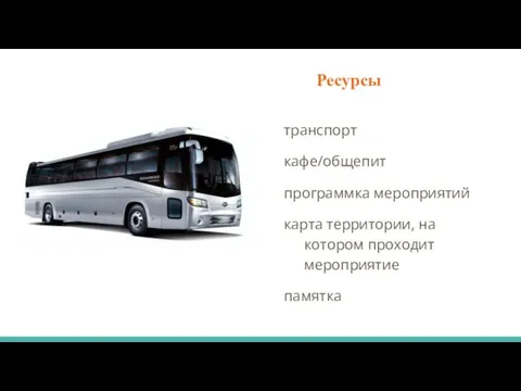 Ресурсы транспорт кафе/общепит программка мероприятий карта территории, на котором проходит мероприятие памятка