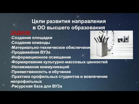 Цели развития направления в ОО высшего образования ЗАДАЧИ: -Создание площадки -Создание