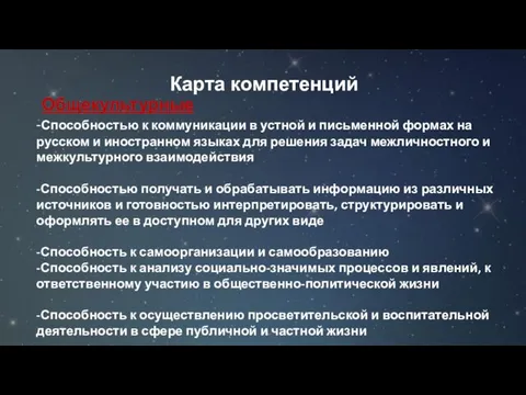 Карта компетенций Общекультурные -Способностью к коммуникации в устной и письменной формах