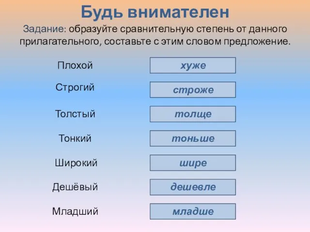 Будь внимателен хуже строже толще тоньше шире дешевле Плохой Строгий Толстый