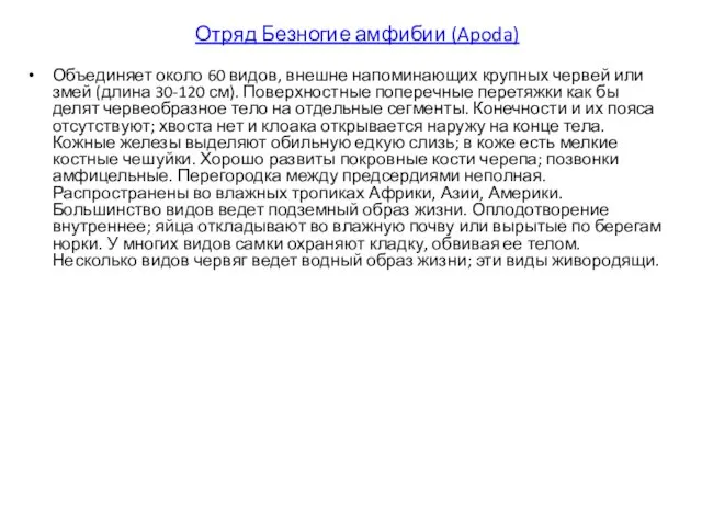 Отряд Безногие амфибии (Apoda) Объединяет около 60 видов, внешне напоминающих крупных