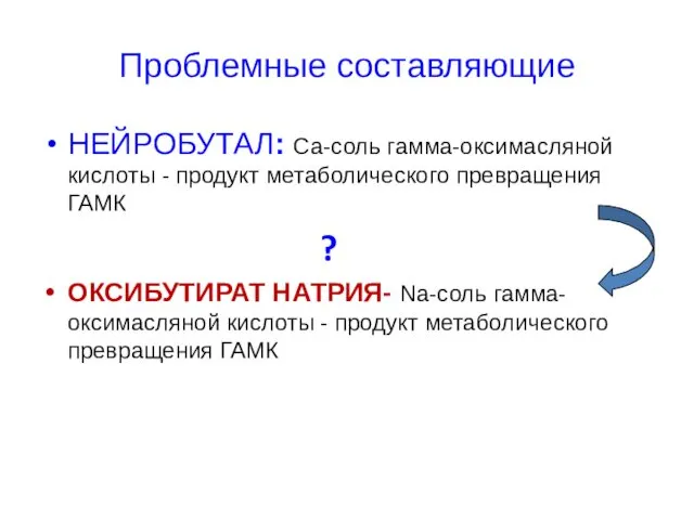 Проблемные составляющие НЕЙРОБУТАЛ: Са-соль гамма-оксимасляной кислоты - продукт метаболического превращения ГАМК