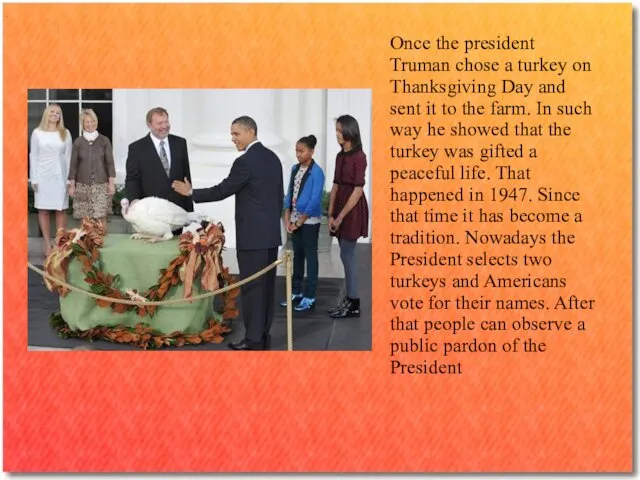 . Once the president Truman chose a turkey on Thanksgiving Day