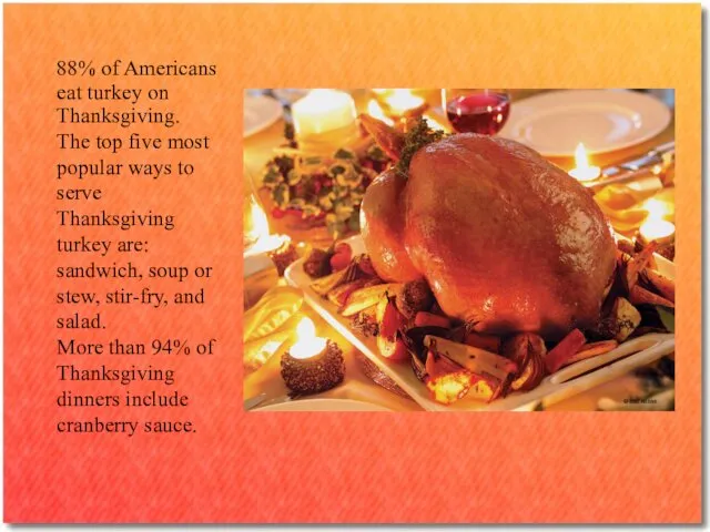 88% of Americans eat turkey on Thanksgiving. The top five most