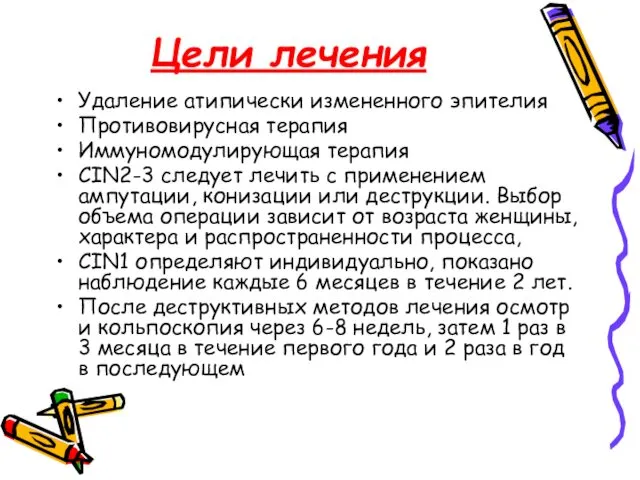 Цели лечения Удаление атипически измененного эпителия Противовирусная терапия Иммуномодулирующая терапия CIN2-3