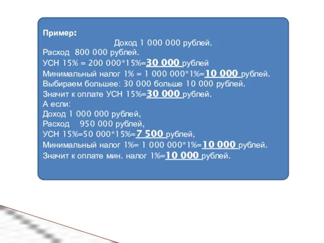 Пример: Доход 1 000 000 рублей. Расход 800 000 рублей. УСН