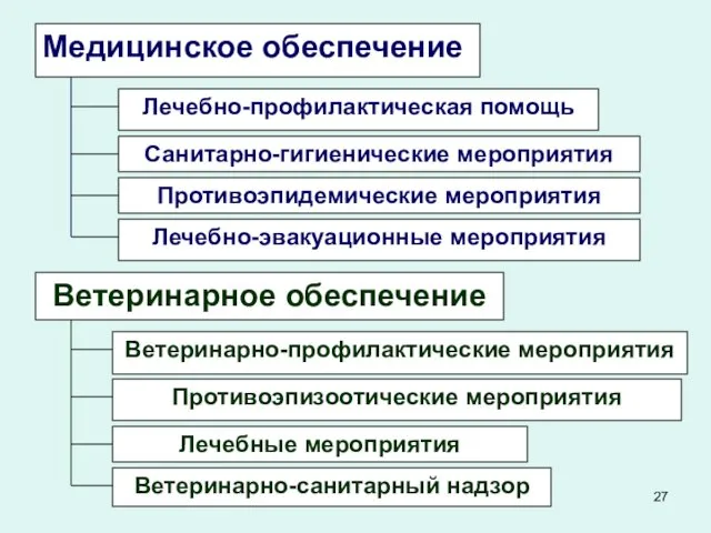 Медицинское обеспечение Лечебно-профилактическая помощь Санитарно-гигиенические мероприятия Противоэпидемические мероприятия Лечебно-эвакуационные мероприятия Ветеринарное