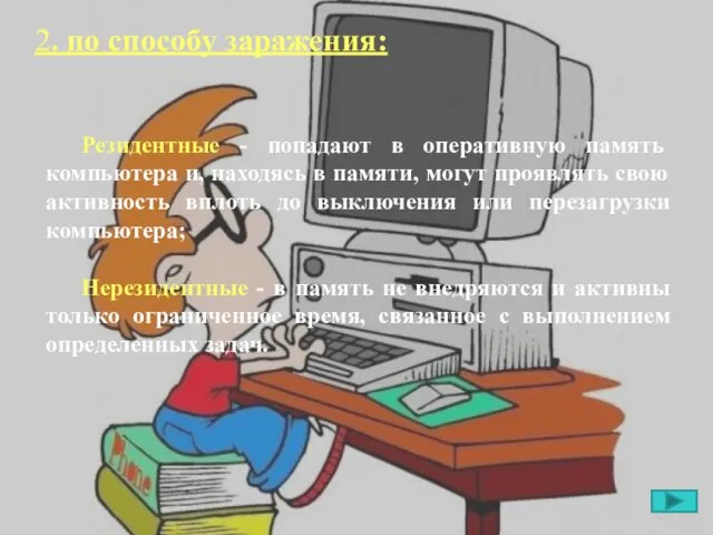 Резидентные - попадают в оперативную память компьютера и, находясь в памяти,