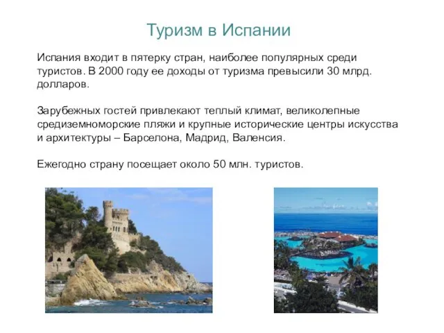 Туризм в Испании Испания входит в пятерку стран, наиболее популярных среди