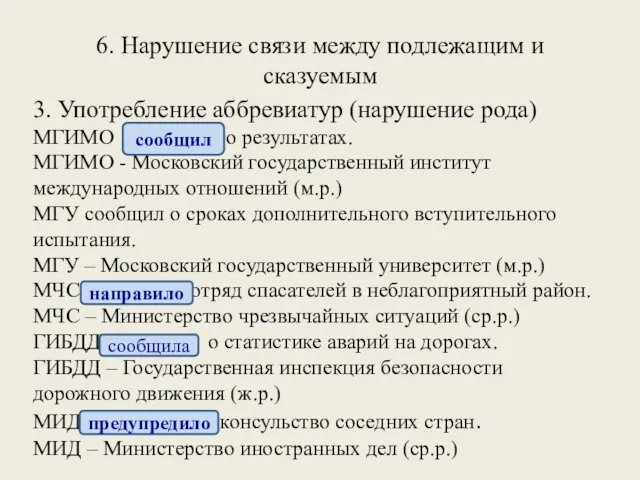 6. Нарушение связи между подлежащим и сказуемым 3. Употребление аббревиатур (нарушение