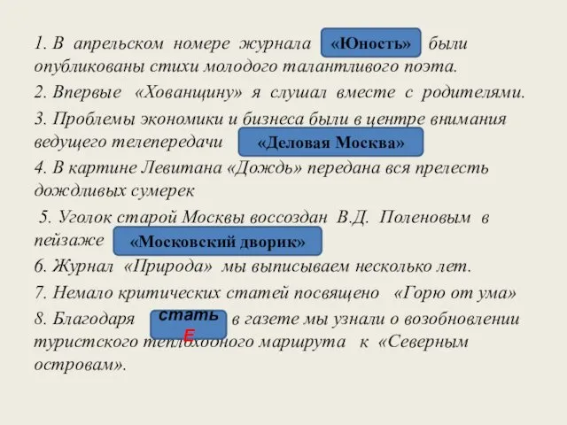 1. В апрельском номере журнала «Юности» были опубликованы стихи молодого талантливого