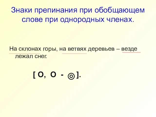 Знаки препинания при обобщающем слове при однородных членах. На склонах горы,