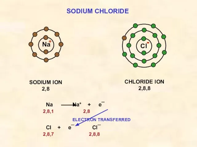 SODIUM CHLORIDE Cl SODIUM ION 2,8 Na CHLORIDE ION 2,8,8 Na