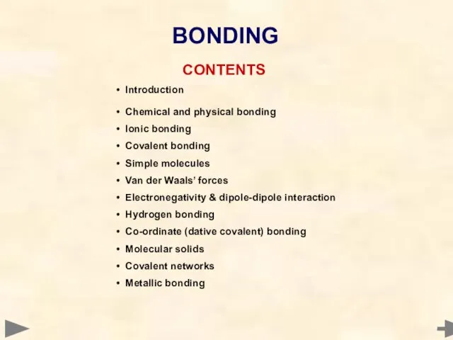 CONTENTS Introduction Chemical and physical bonding Ionic bonding Covalent bonding Simple