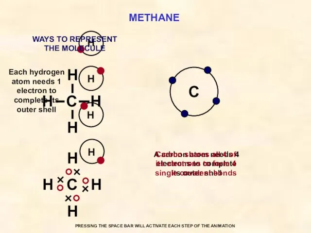 METHANE C Each hydrogen atom needs 1 electron to complete its