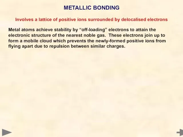 METALLIC BONDING Involves a lattice of positive ions surrounded by delocalised