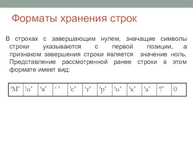 Форматы хранения строк В строках с завершающим нулем, значащие символы строки