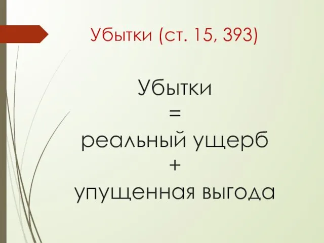 Убытки = реальный ущерб + упущенная выгода Убытки (ст. 15, 393)