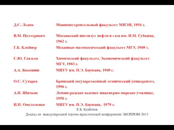 Е.Б. Колбачев Доклад на международной научно-практической конференции ЭКОПРОМ-2015