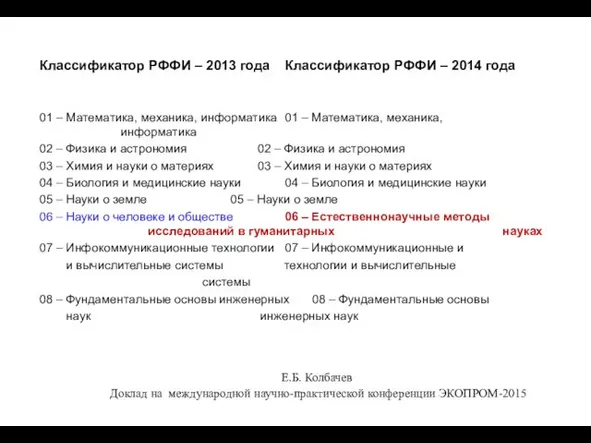 Классификатор РФФИ – 2013 года Классификатор РФФИ – 2014 года 01