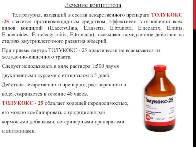 Лечение кокцидиоза Толтразурил, входящий в состав лекарственного препарата ТОЛУКОКС -25 является