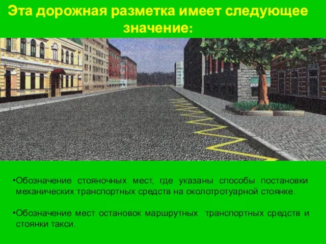 Эта дорожная разметка имеет следующее значение: Обозначение стояночных мест, где указаны