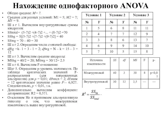 Нахождение однофакторного ANOVA Общее среднее: М= 7. Среднее для разных условий: