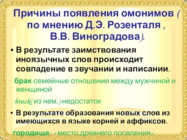 Причины появления омонимов ( по мнению Д.Э. Розенталя , В.В. Виноградова).