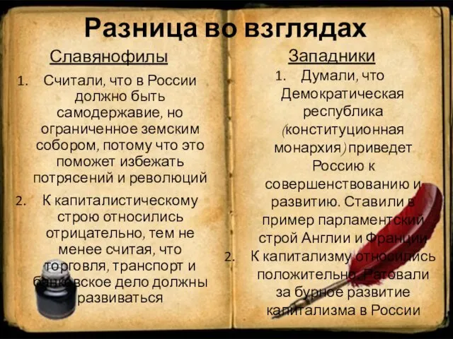 Разница во взглядах Славянофилы Считали, что в России должно быть самодержавие,