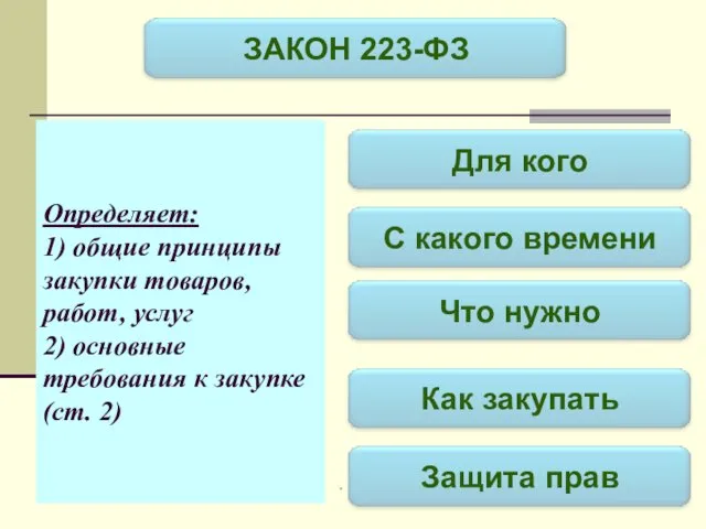 Определяет: 1) общие принципы закупки товаров, работ, услуг 2) основные требования к закупке (ст. 2)