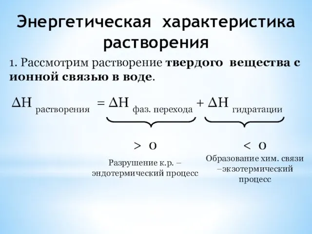 Энергетическая характеристика растворения ∆Н растворения = ∆Н фаз. перехода + ∆Н