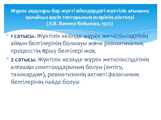 1 сатысы. Жүктілік кезінде жүрек жеткіліксіздігінің айқын белгілерінің болмауы және ревматикалық