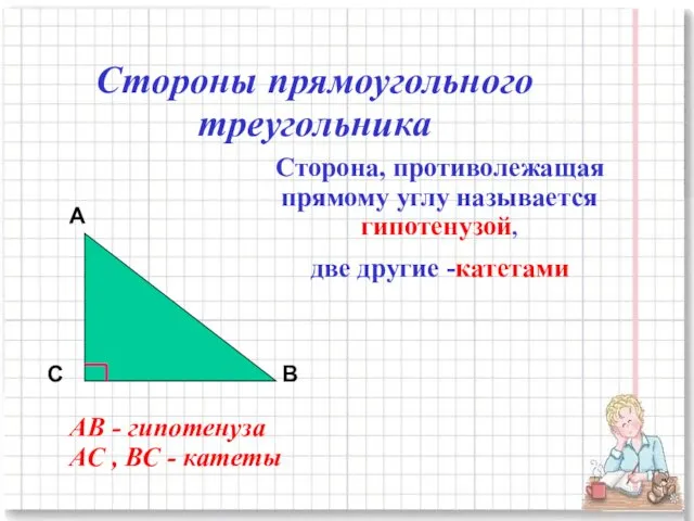 Стороны прямоугольного треугольника Сторона, противолежащая прямому углу называется гипотенузой, две другие