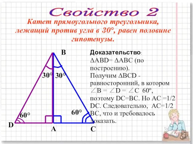 Катет прямоугольного треугольника, лежащий против угла в 30°, равен половине гипотенузы.