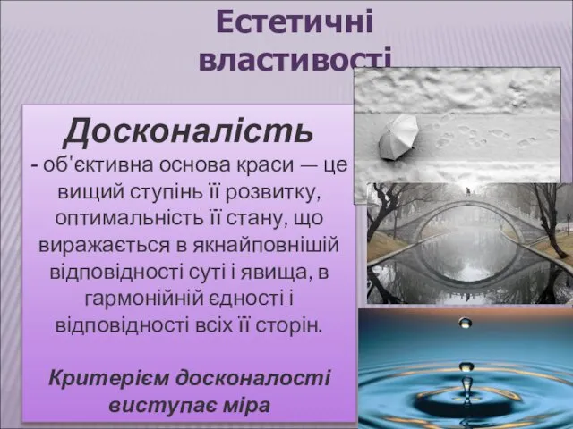 Естетичні властивості Досконалість - об'єктивна основа краси — це вищий ступінь