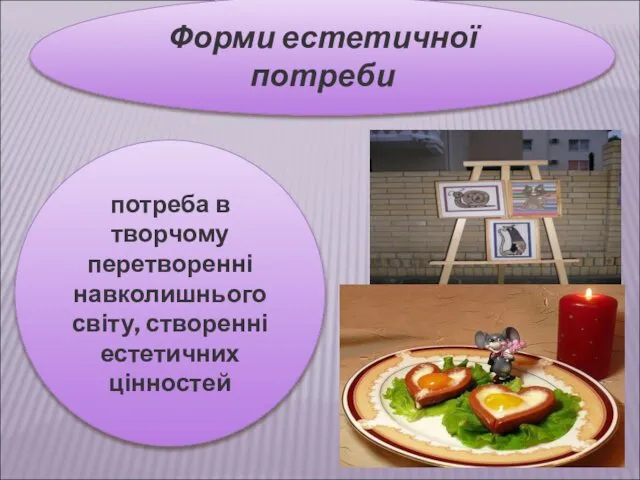 потреба в творчому перетворенні навколишнього світу, створенні естетичних цінностей Форми естетичної потреби