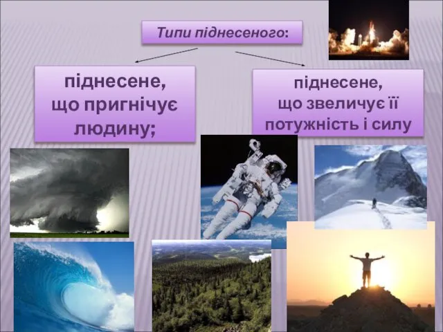 піднесене, що пригнічує людину; піднесене, що звеличує її потужність і силу Типи піднесеного: