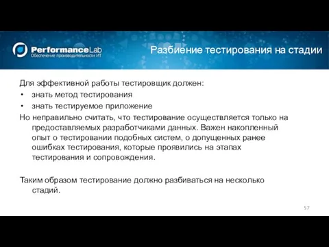 Разбиение тестирования на стадии Для эффективной работы тестировщик должен: знать метод