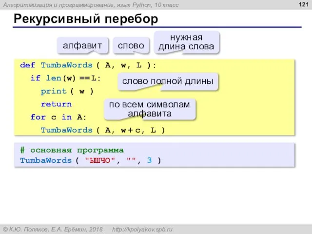 Рекурсивный перебор # основная программа TumbaWords ( "ЫШЧО", "", 3 )