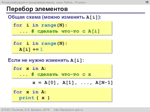 Перебор элементов Общая схема (можно изменять A[i]): for i in range(N):