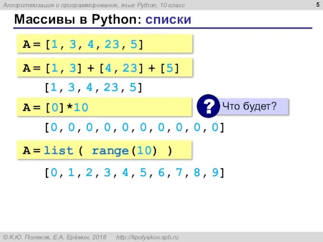 Массивы в Python: списки A = [1, 3, 4, 23, 5]